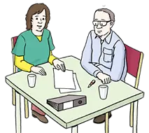 Zeichnung von einer Frau und einem Mann am Arbeits-Tisch