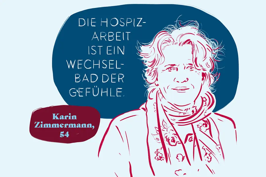 Eine Illustration der 54-jährigen Karin Zimmermann mit ihrem Zitat: Die Hospizarbeit ist ein Wechselbad der Gefühle