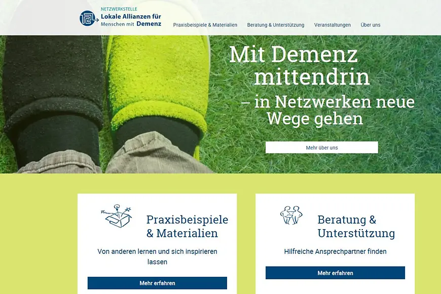 Screenshot von der Startseite der Netzwerkstelle Lokale Allianzen für Menschen mit Demenz 