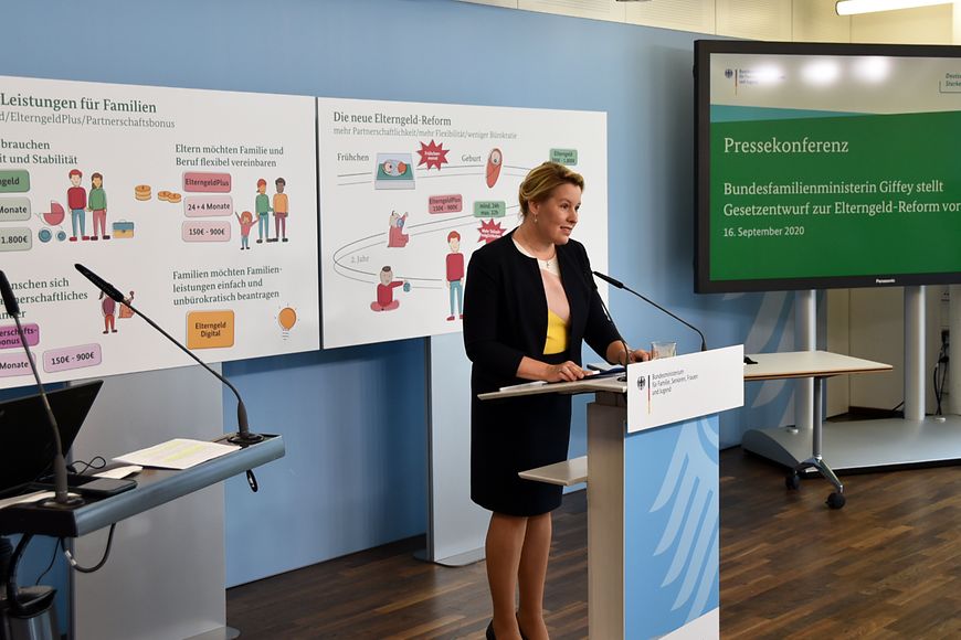 Dr. Franziska Giffey vor einer Taffel mit den Verbesserungen beim Elterngeld