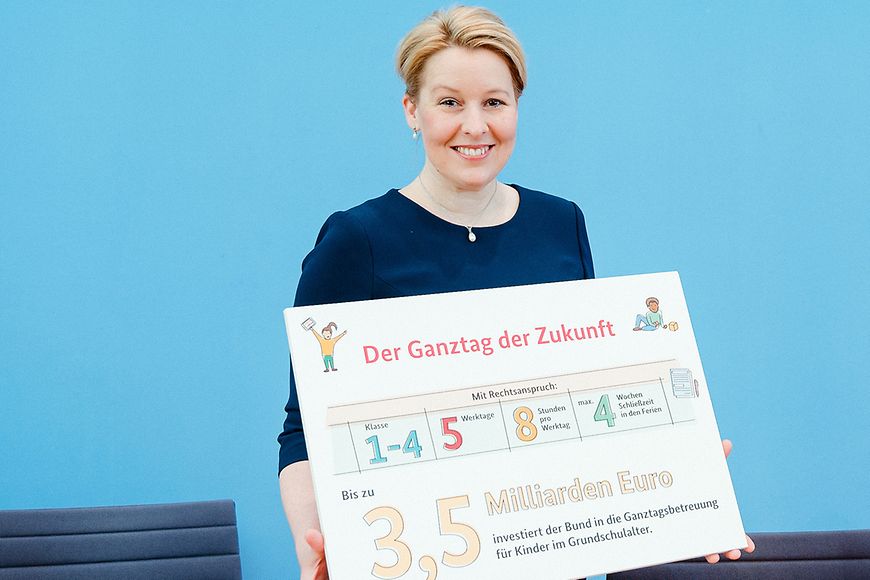 Infotafel mit Zahlen zur Ganztagsbetreuung für Grundschulkinder und geplanten Investitionen