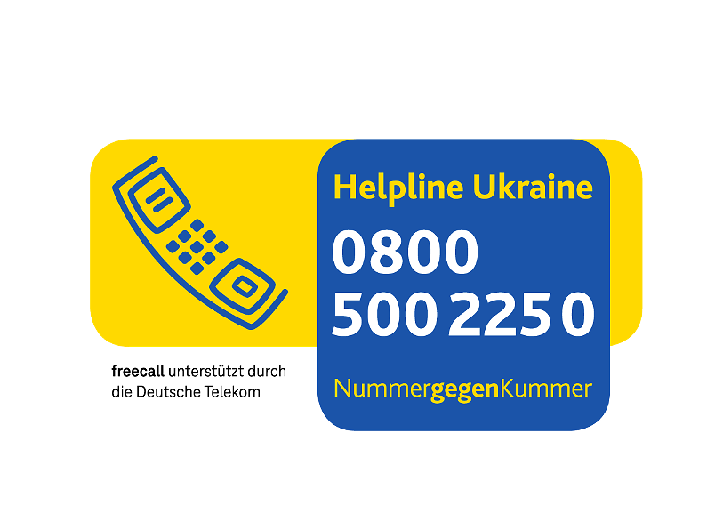 Das Logo und die Durchwahl der Helpline Ukraine von NummergegenKummer