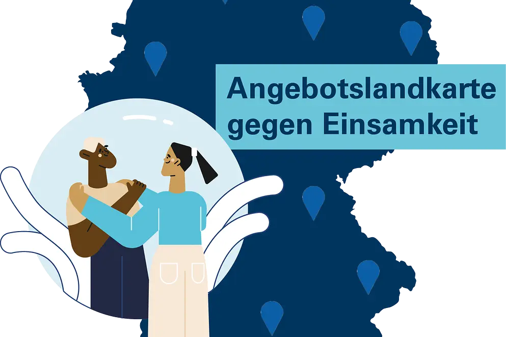 Eine Deutschlandkarte mit Standort-Markierungen und dem Text "Angebotslandkarte gegen Einsamkeit"