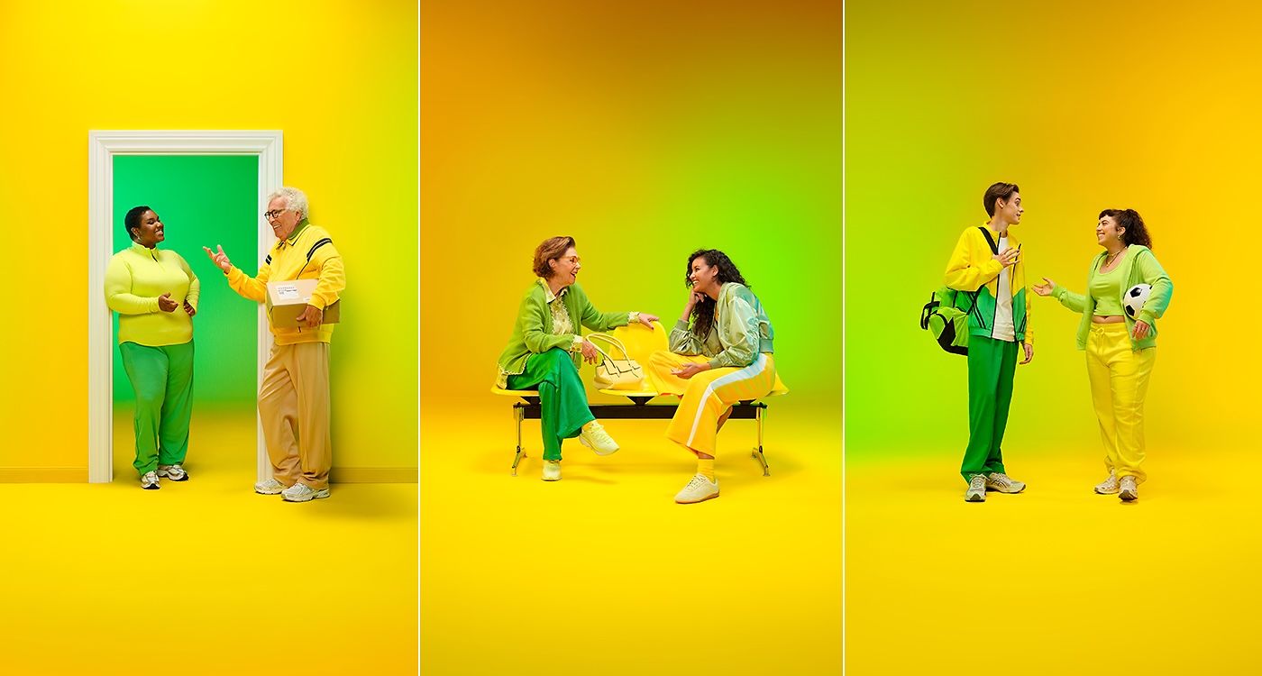 Eine Collage von zwischenmenschlichen Situationen vor gelben Hintergrund