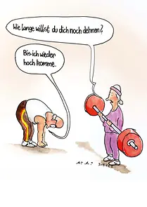 Titelbild Postkarte "Für immer dehnen" vom Karikaturenwettbewerb "Wer zuletzt lacht" 