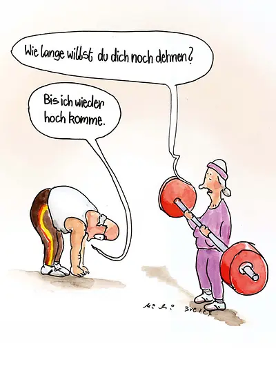 Titelbild Postkarte "Für immer dehnen" vom Karikaturenwettbewerb "Wer zuletzt lacht" 