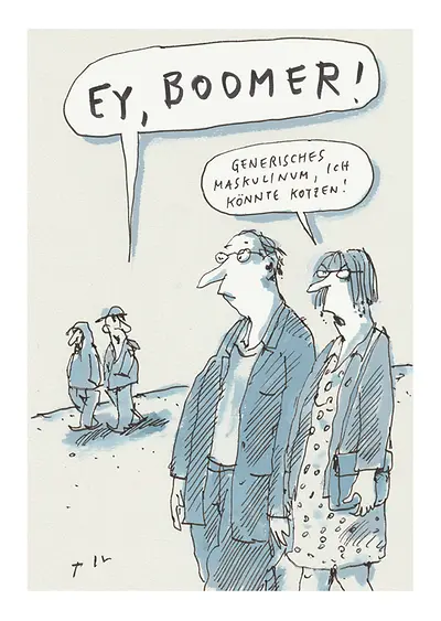 Titelbild der Postkarte "Boomer" vom Karikaturenwettbewerb "Wer zuletzt lacht" 