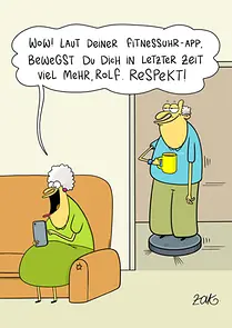 Titelbild der Postkarte "Fitnessuhr" vom Karikaturenwettbewerb "Wer zuletzt lacht" 