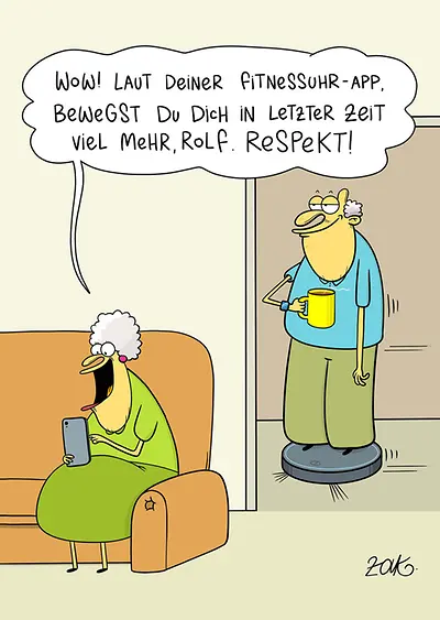 Titelbild der Postkarte "Fitnessuhr" vom Karikaturenwettbewerb "Wer zuletzt lacht" 