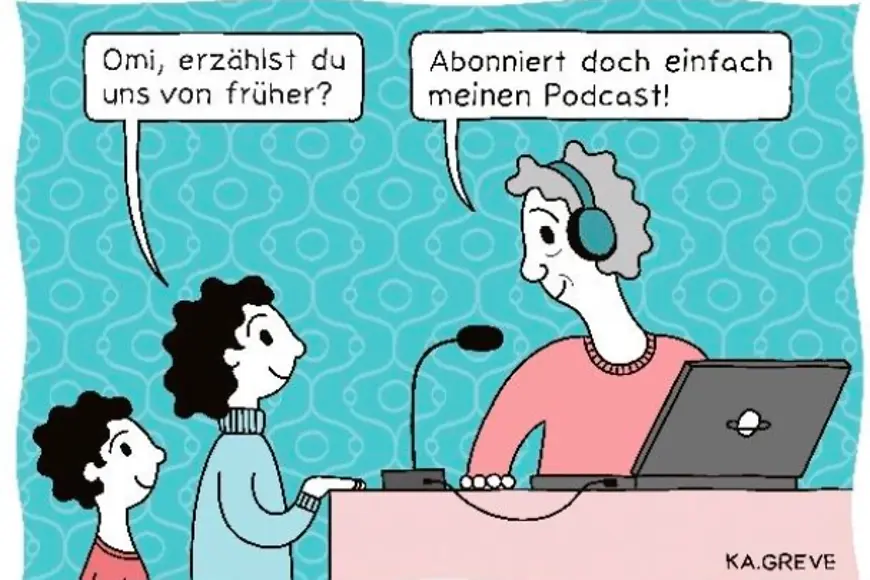 eine ältere Dame macht einen Podcast