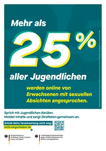 Plakatmotiv: Mehr als 25 % aller Jugendlichen werden online von Erwachsenen mit sexuellen Absichten angesprochen