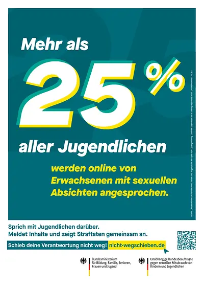 Plakatmotiv „Mehr als 25 % aller Jugendlichen werden online von Erwachsenen mit sexuellen Absichten angesprochen